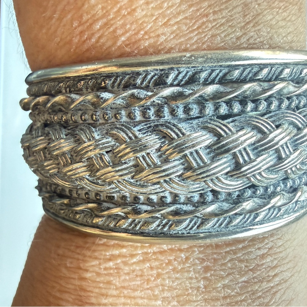 Braided Silvertone Wide Cuff Bracelet Tribal Ethnic Boho Statement Vintage Tibet - Picture 13 of 13